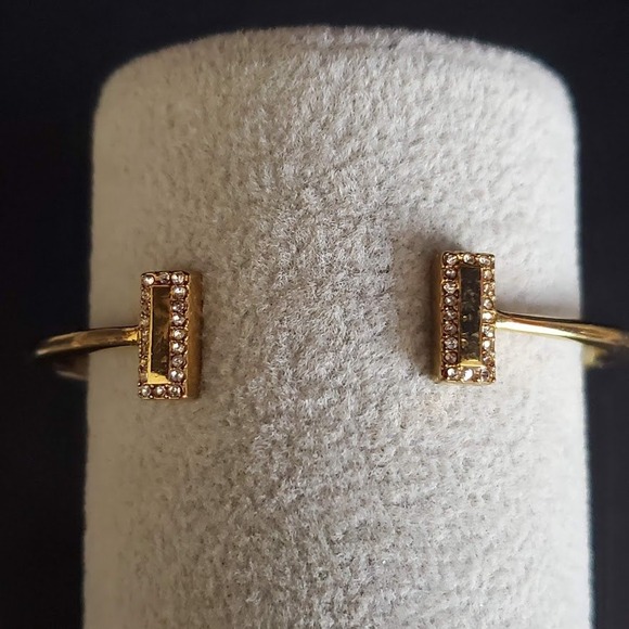 Kate Spade Gold Tone Crystal Pave Bar Open Hinged Bangle Bracelet - Picture 2 of 6